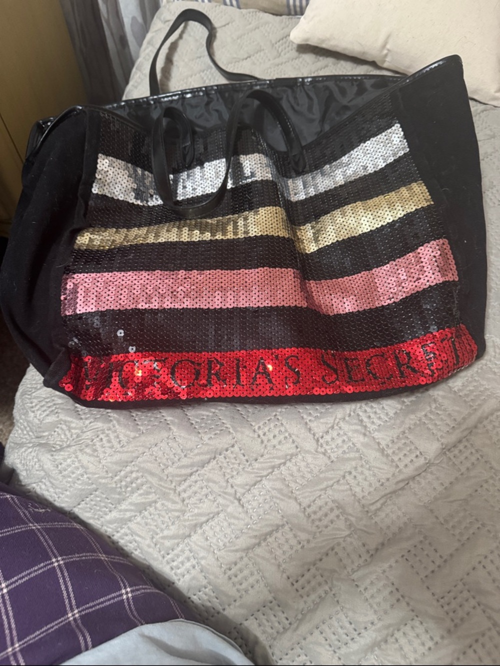 Victoria's Secret Black Sequin Stripe Tote with Multicolor Accents